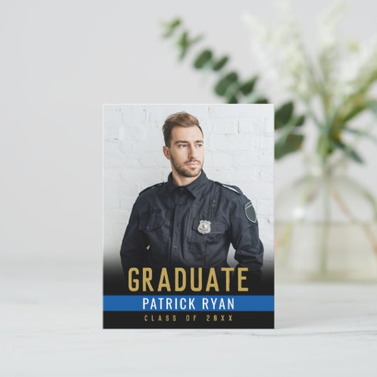 Afstuderen Politie Dunne Blauwe Lijn Fotouitnodigi Briefkaart (Staand voorkant)