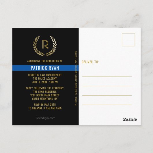 Afstuderen Politie Dunne Blauwe Lijn Fotouitnodigi Briefkaart (Achterkant)