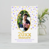 Afstuderen Polka Dot Oval Foto Paars Gold Folie Uitnodiging (Staand Voorkant)