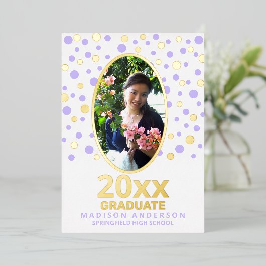 Afstuderen Polka Dot Oval Foto Paars Gold Folie Uitnodiging (Staand Voorkant)