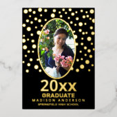 Afstuderen Polka Dot Oval Photo Black en Gold Folie Uitnodiging (Voorkant)