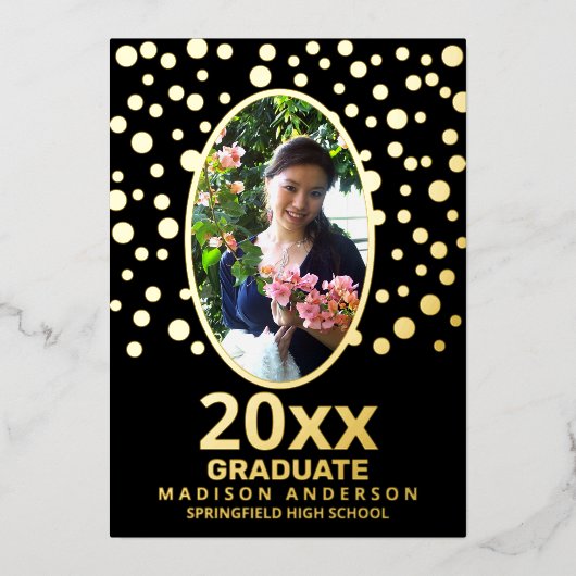 Afstuderen Polka Dot Oval Photo Black en Gold Folie Uitnodiging (Voorkant)