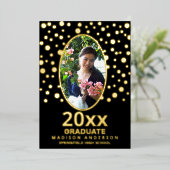 Afstuderen Polka Dot Oval Photo Black en Gold Folie Uitnodiging (Staand Voorkant)