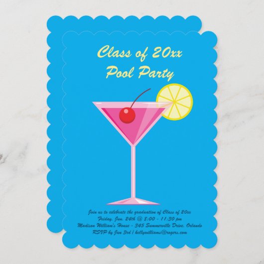 Afstuderen Pool Party Invitation in Blue Kaart (Voorkant / Achterkant)