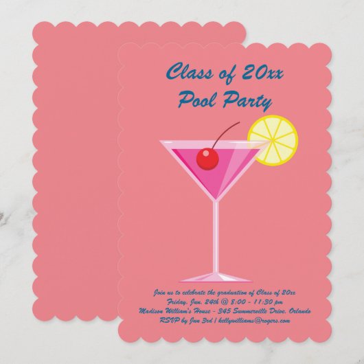 Afstuderen Pool Party Invitation in Coral Kaart (Voorkant / Achterkant)