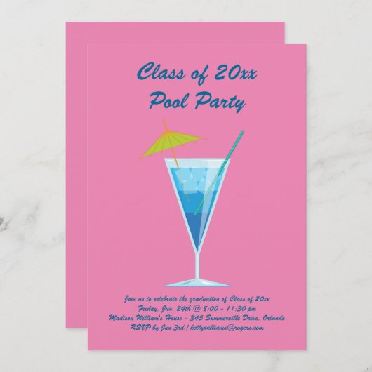 Afstuderen Pool Party Invitation in Pink Kaart (Voorkant / Achterkant)