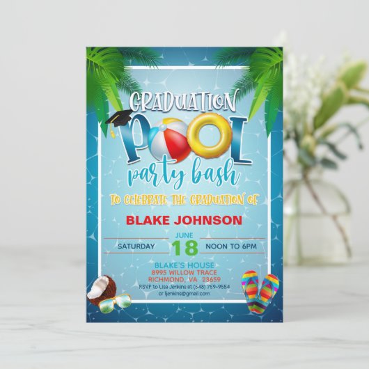 Afstuderen Pool Party Invitation Kaart (Staand voorkant)