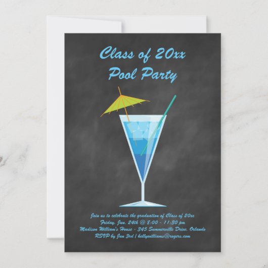 Afstuderen Pool Party Invite Chalkboard & Blue Kaart (Voorkant)