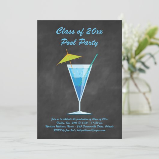 Afstuderen Pool Party Invite Chalkboard & Blue Kaart (Staand voorkant)
