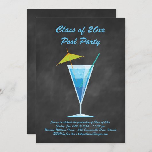 Afstuderen Pool Party Invite Chalkboard & Blue Kaart (Voorkant / Achterkant)