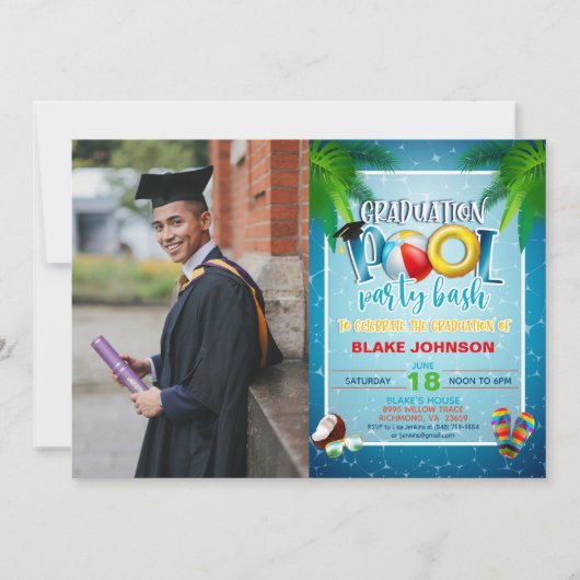 Afstuderen Pool Party nodiging met foto Kaart (Voorkant)