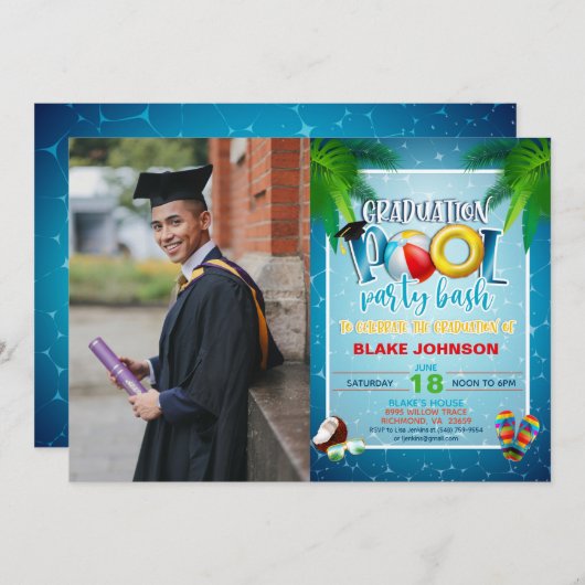 Afstuderen Pool Party nodiging met foto Kaart (Voorkant / Achterkant)