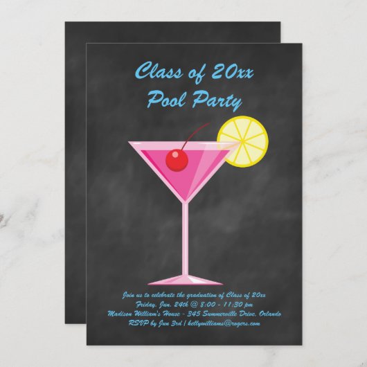 Afstuderen Pool Party nodigt Chalkboard en Roze ui Kaart (Voorkant / Achterkant)