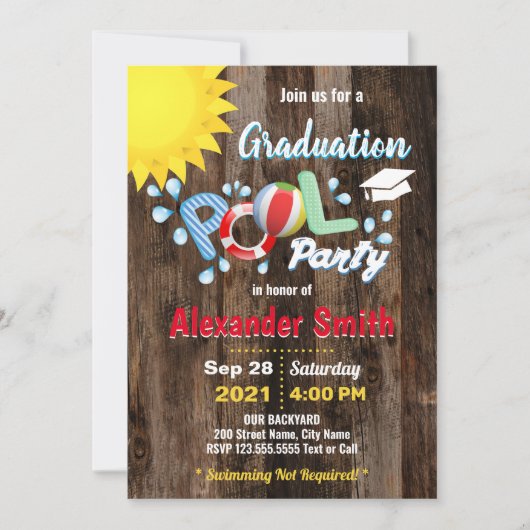 Afstuderen Pool Party Rustic Uitnodiging (Voorkant)