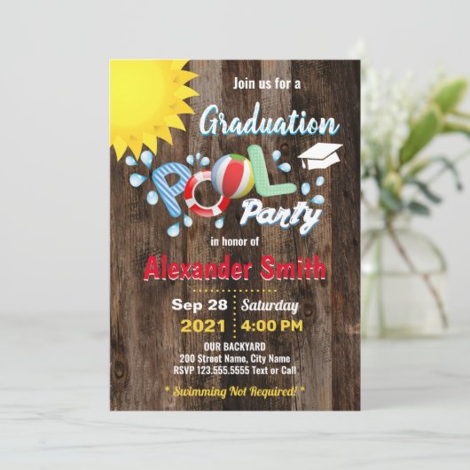 Afstuderen Pool Party Rustic Uitnodiging (Staand voorkant)