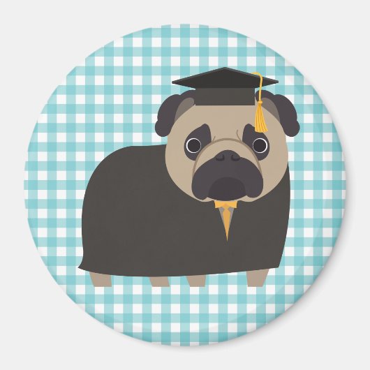 Afstuderen Pug op blauw en wit Gingham Design Magneet (Voorkant)