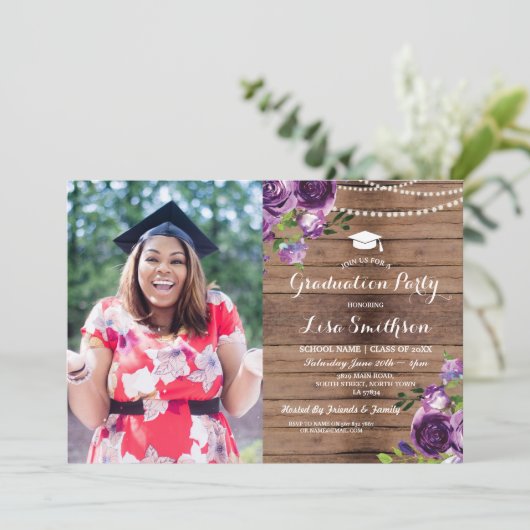 Afstuderen Purple Flowers Lights Wood Foto Kaart (Staand voorkant)