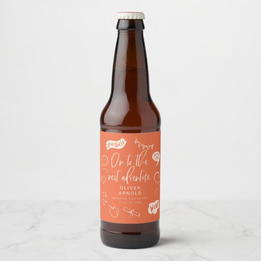 Afstuderen Quirky Doodle Next Adventure Sinaasappe Bier Etiket (Voorkant)