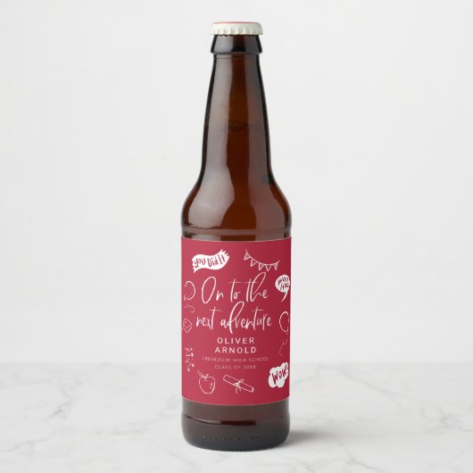 Afstuderen Quirky Doodle Volgende Adventure Rood Bier Etiket (Voorkant)