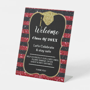 Afstuderen Red Black Stripes Party veiligheid Reclamebord Met Voetstuk