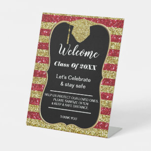 Afstuderen Red Gold Stripes Party-veiligheid Reclamebord Met Voetstuk