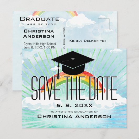 Afstuderen regenboog sparen het Pet van het Afstud Aankondigingskaart (Voorkant / Achterkant)