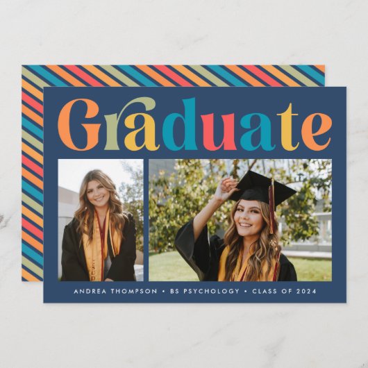 Afstuderen Retro Kleurrijke Twee Foto Afstuderen Aankondiging (Voorkant / Achterkant)