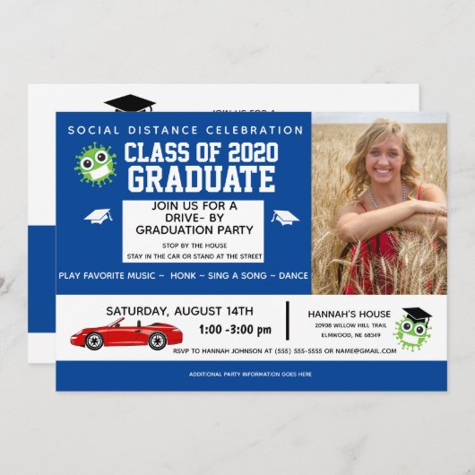 Afstuderen rijden door parade, afgestudeerde parti aankondiging (Voorkant / Achterkant)