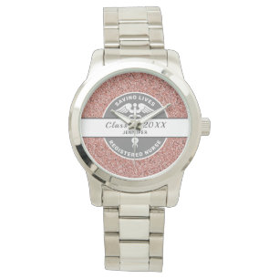 Afstuderen RN Roze Glitter Aangepast monogram Horloge