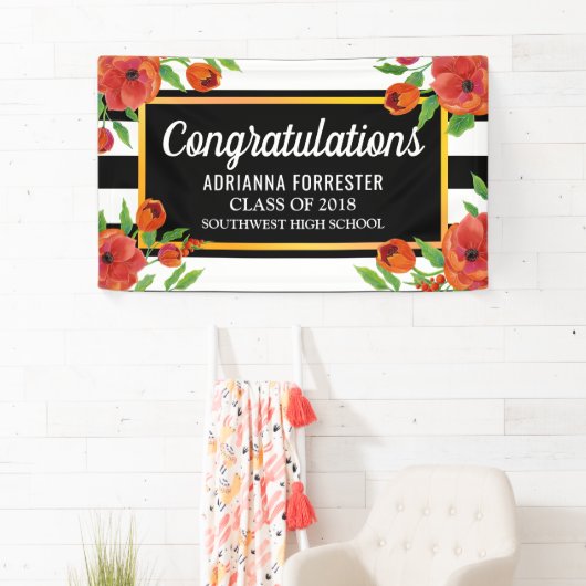 Afstuderen rode flora | Zwarte witte strepen Spandoek (Insitu)