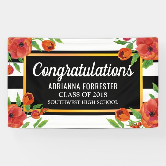 Afstuderen rode flora | Zwarte witte strepen Spandoek (Horizontaal)