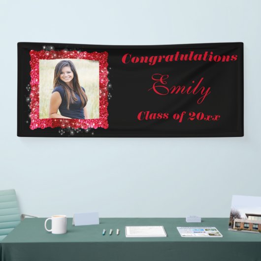 Afstuderen, rode glitter, zwart, fonkeling, spandoek (Beurs)