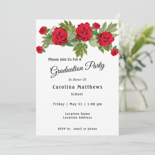 Afstuderen rode rozenrood kaart (Staand voorkant)