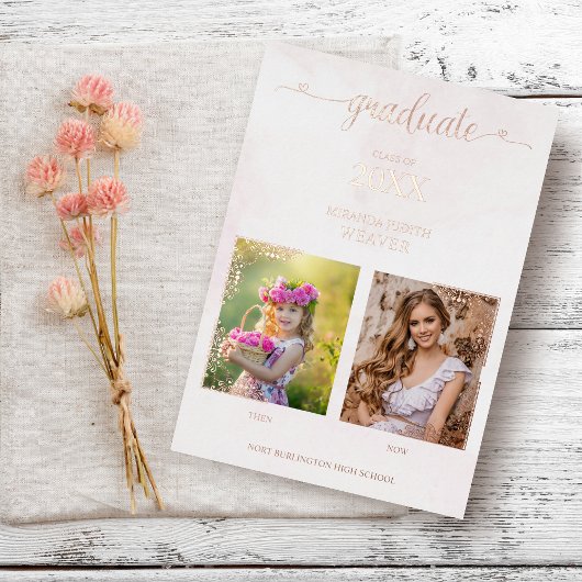 Afstuderen Romantic Dan & nu 2 Foto's Roos Gold Folie Uitnodiging