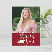 Afstuderen rood dank u één fotoscript bedankkaart (Staand voorkant)