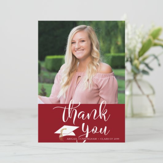 Afstuderen rood dank u één fotoscript bedankkaart (Staand voorkant)