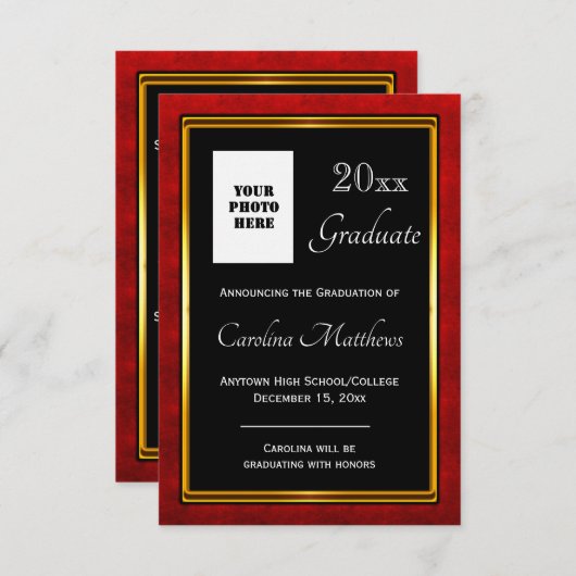 Afstuderen Rood Goud Lijst Zwart Afstuderen Aankondiging (Voorkant / Achterkant)