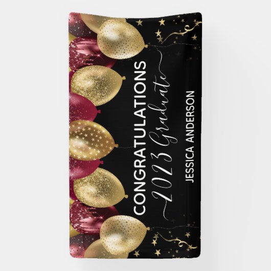 Afstuderen rood gouden ballonnen banner (Verticaal)