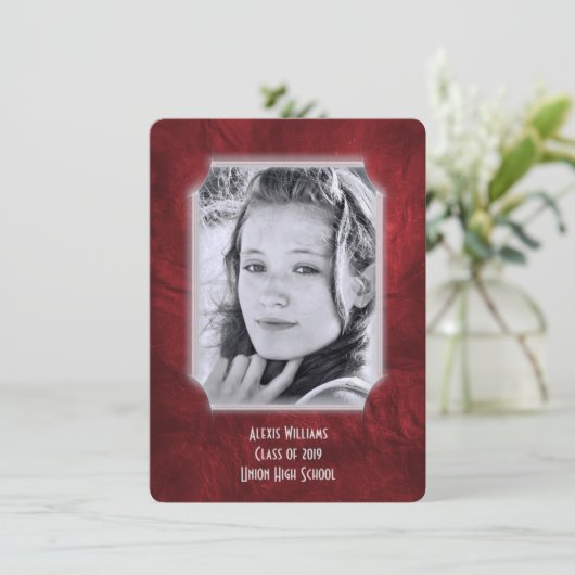 Afstuderen rood leder uitnodigen kaart (Staand voorkant)