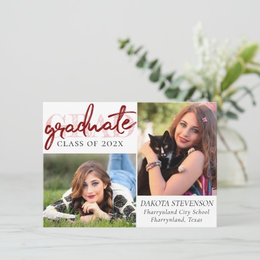 Afstuderen rood script | Crimson 2 Foto Keepsake Kaart (Staand voorkant)