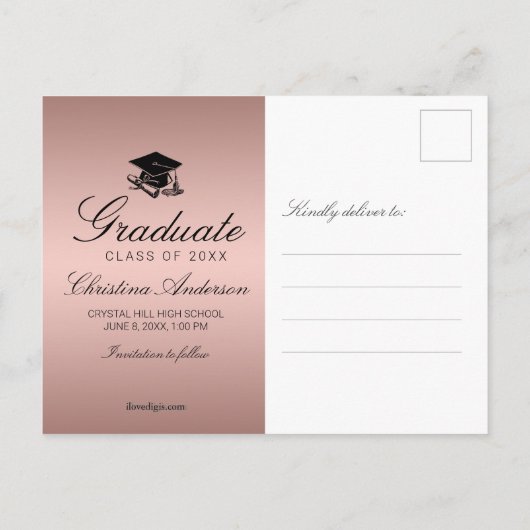 Afstuderen Roos Gold Afstudeerder Pet Diploma Save Aankondigingskaart (Achterkant)