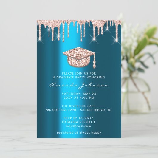 Afstuderen Roos Gold Pet 3D Glam Blauwgroen blauw Kaart (Staand voorkant)