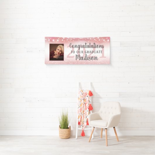 Afstuderen Roos Goud Roze Glitter Lights Foto Spandoek (Insitu)