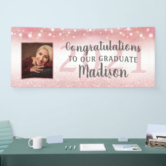 Afstuderen Roos Goud Roze Glitter Lights Foto Spandoek (Beurs)