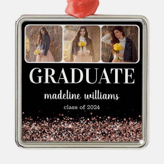 Afstuderen Roos Gouden Glitter Drie Foto Metalen Ornament (Voorkant)