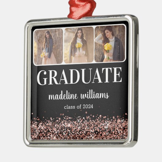 Afstuderen Roos Gouden Glitter Drie Foto Metalen Ornament (Links)
