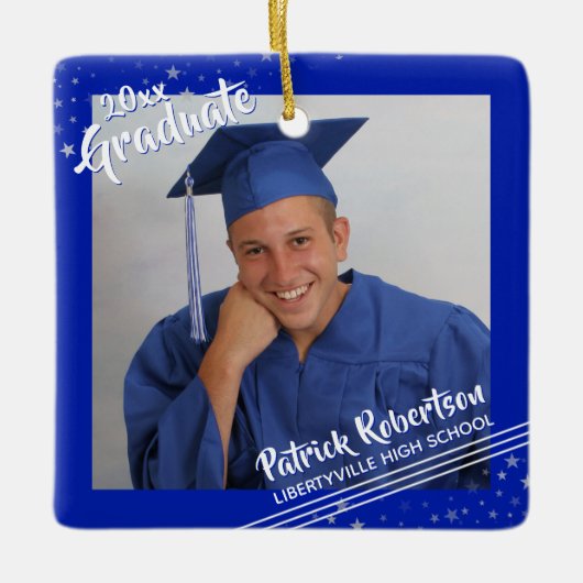 Afstuderen, Royal Blue Border & Stars, Two-Photo Keramisch Ornament (Voorkant)