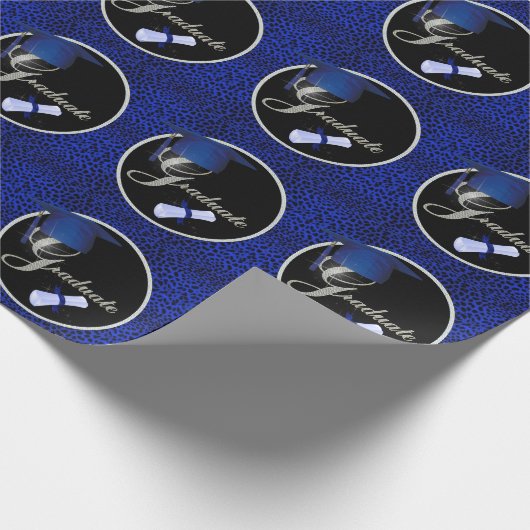 Afstuderen Royal Blue Cheetah Print met zwart Cadeaupapier (Hoek)