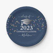 Afstuderen Royal Blue Confetti Silver initiaal Papieren Bordje (Voorkant)