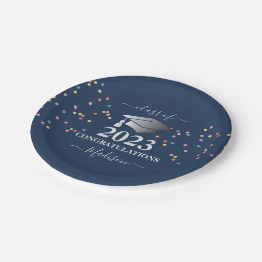 Afstuderen Royal Blue Confetti Silver initiaal Papieren Bordje (Gekanteld)